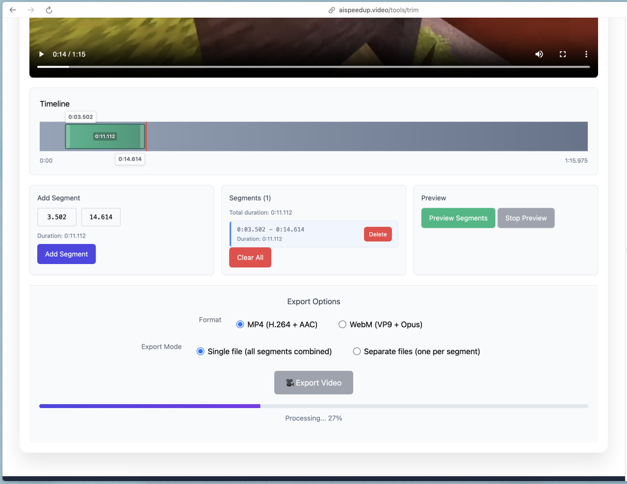 Export options and video processing progress